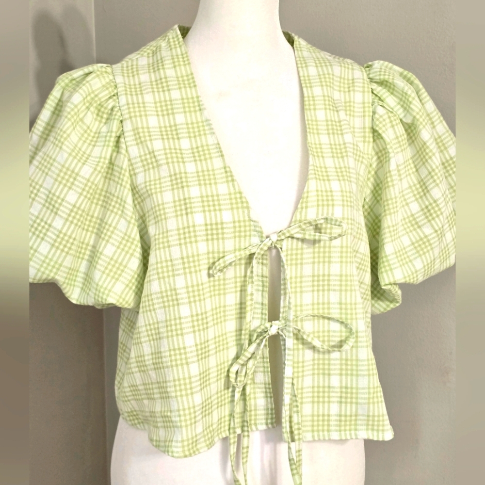 Mable Short Puff Sleeve Printed Tie-Front Top Women's Size S